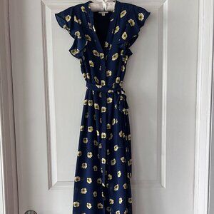 Maison Jules Navy and Yellow Floral Midi Dress, Lined, Size XS - HAS POCKETS!!!